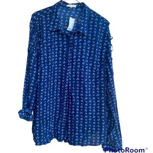 Maurice’s Blue & White Floral Open Crisscross Long Sleeve Button Front Blouse XL